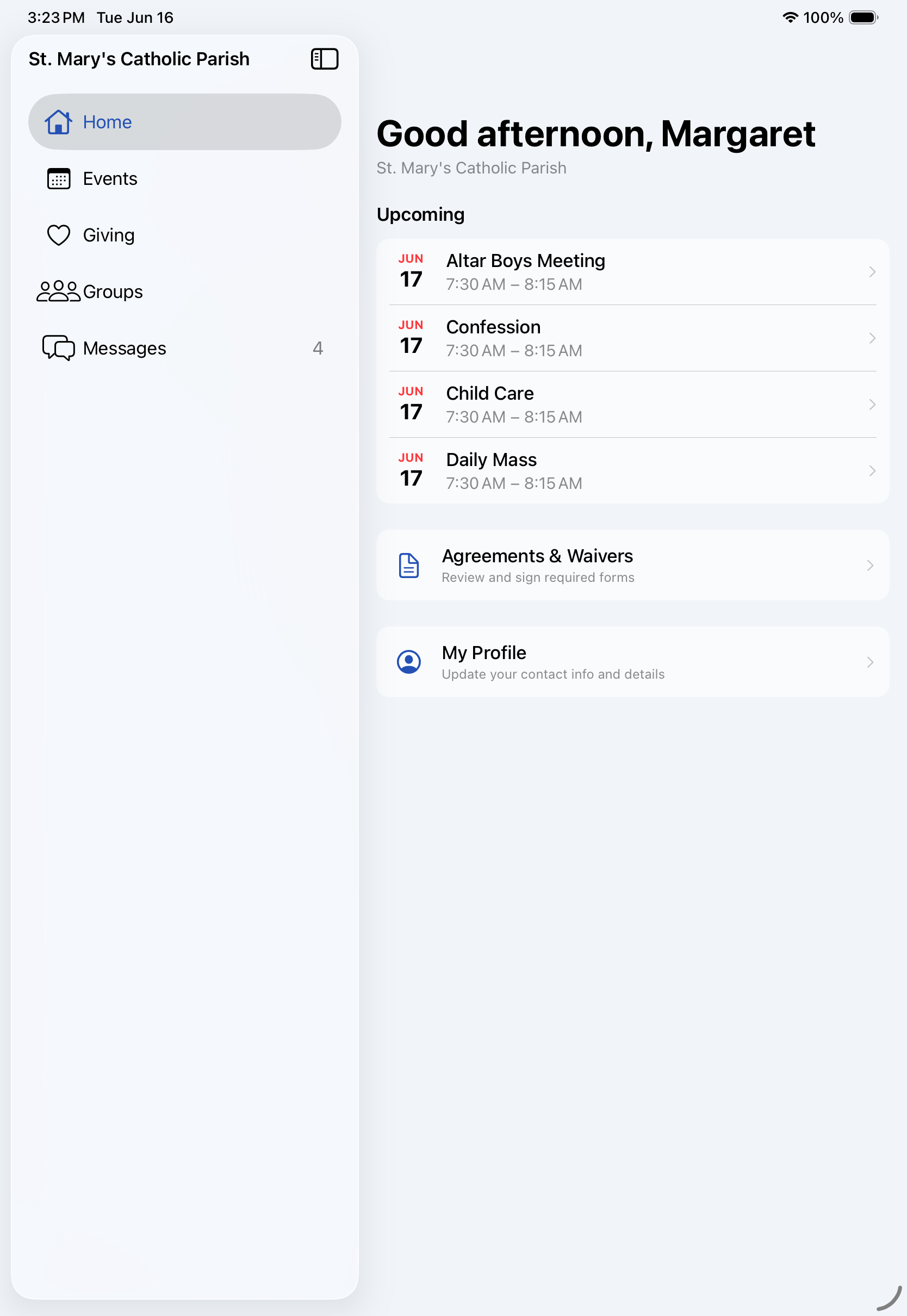 The member home screen: a warm greeting, what is coming up at the parish, and quick access to forms and a personal profile.