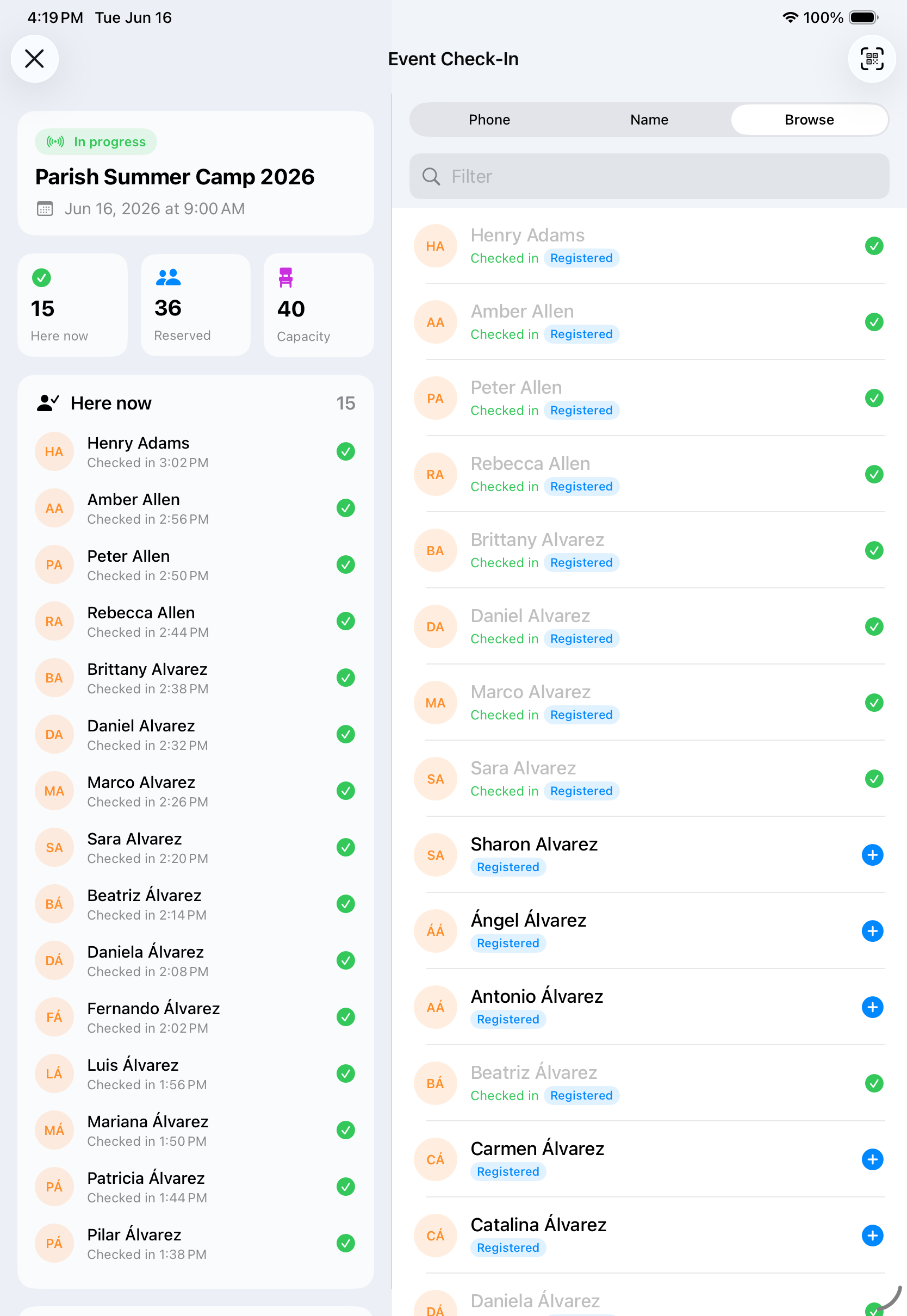 Event check-in on iPad: a live attendance feed and the full roster, side by side.