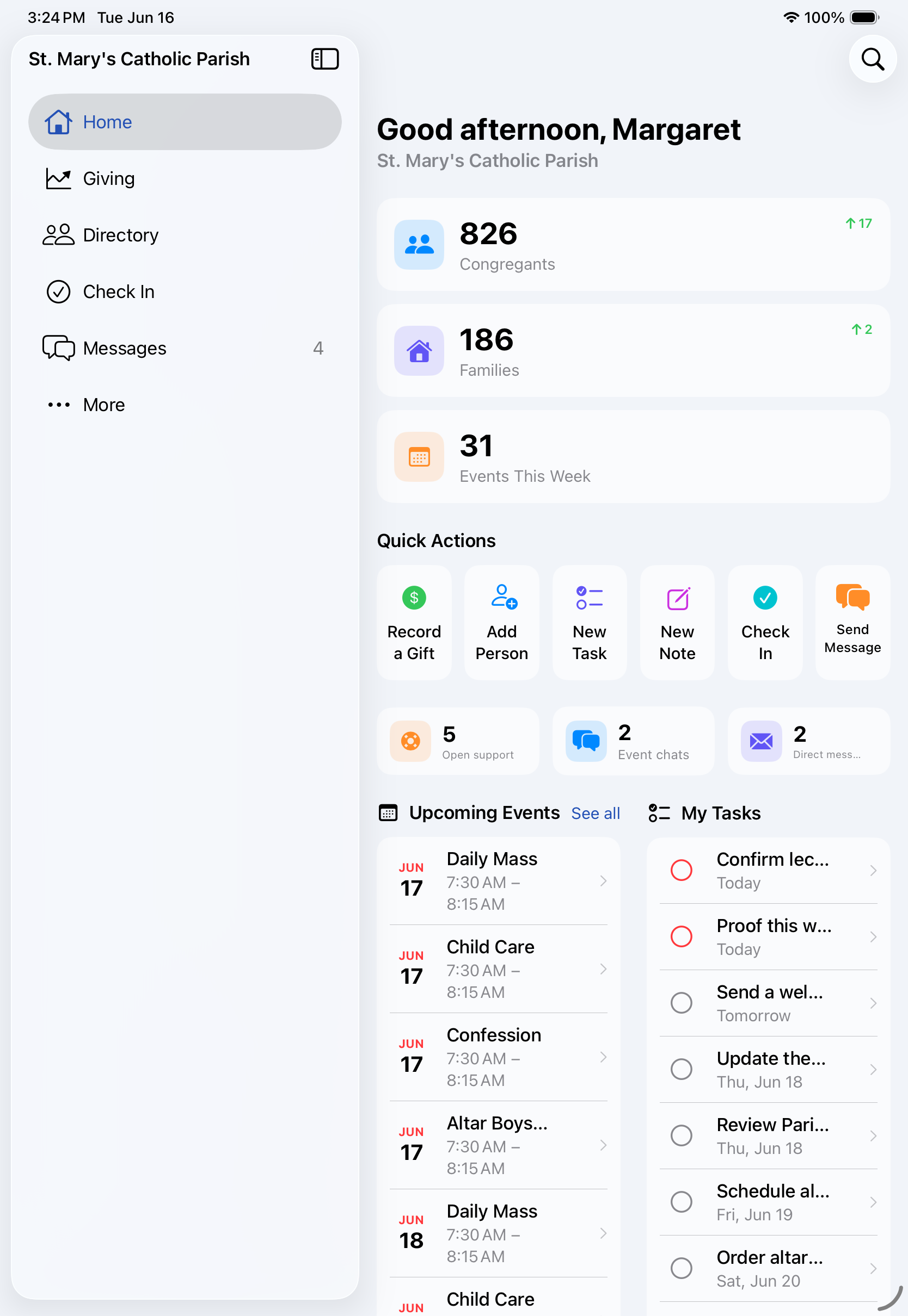 The staff home screen: people and family counts, quick actions, what needs a reply, upcoming events, and the day's tasks.