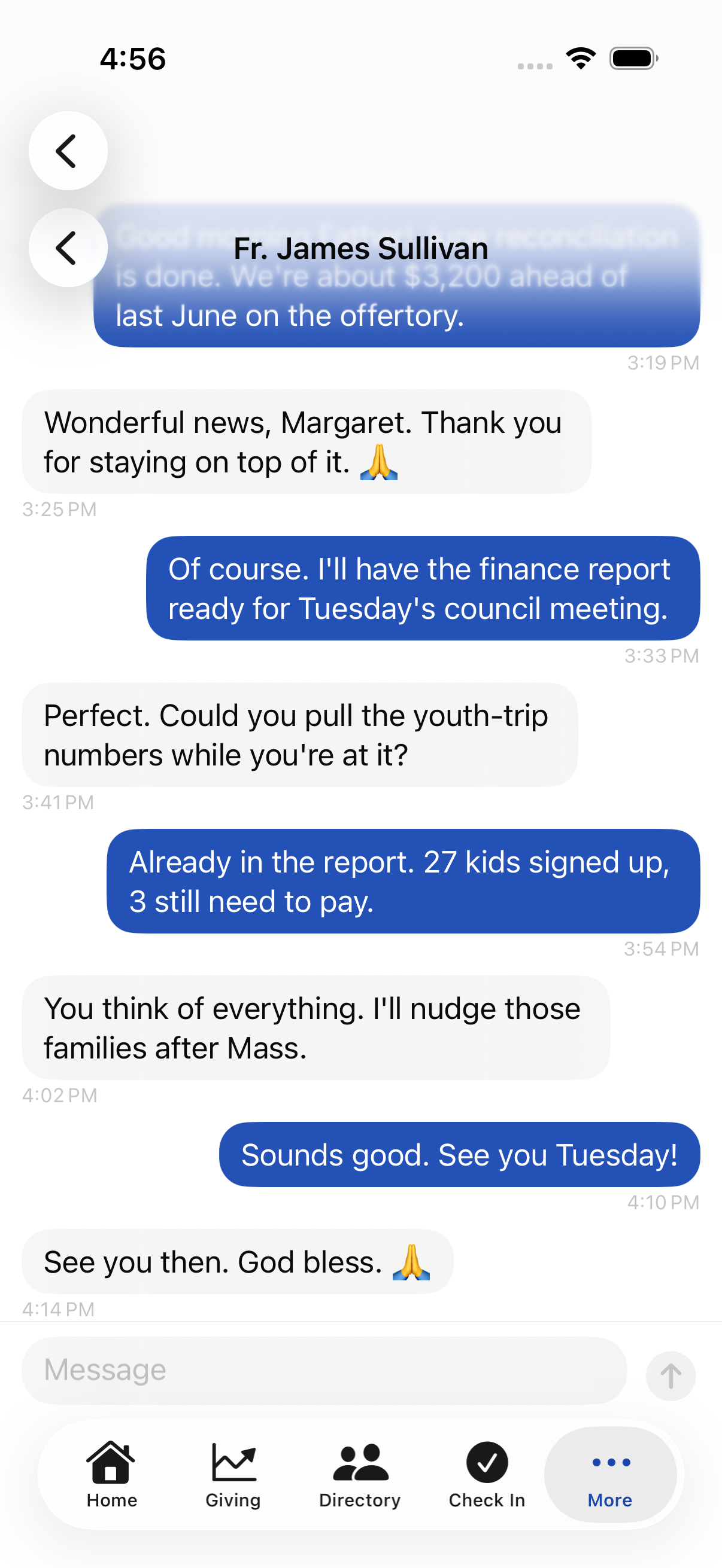 An in-app conversation between a parish bookkeeper and the pastor, with message bubbles and timestamps.