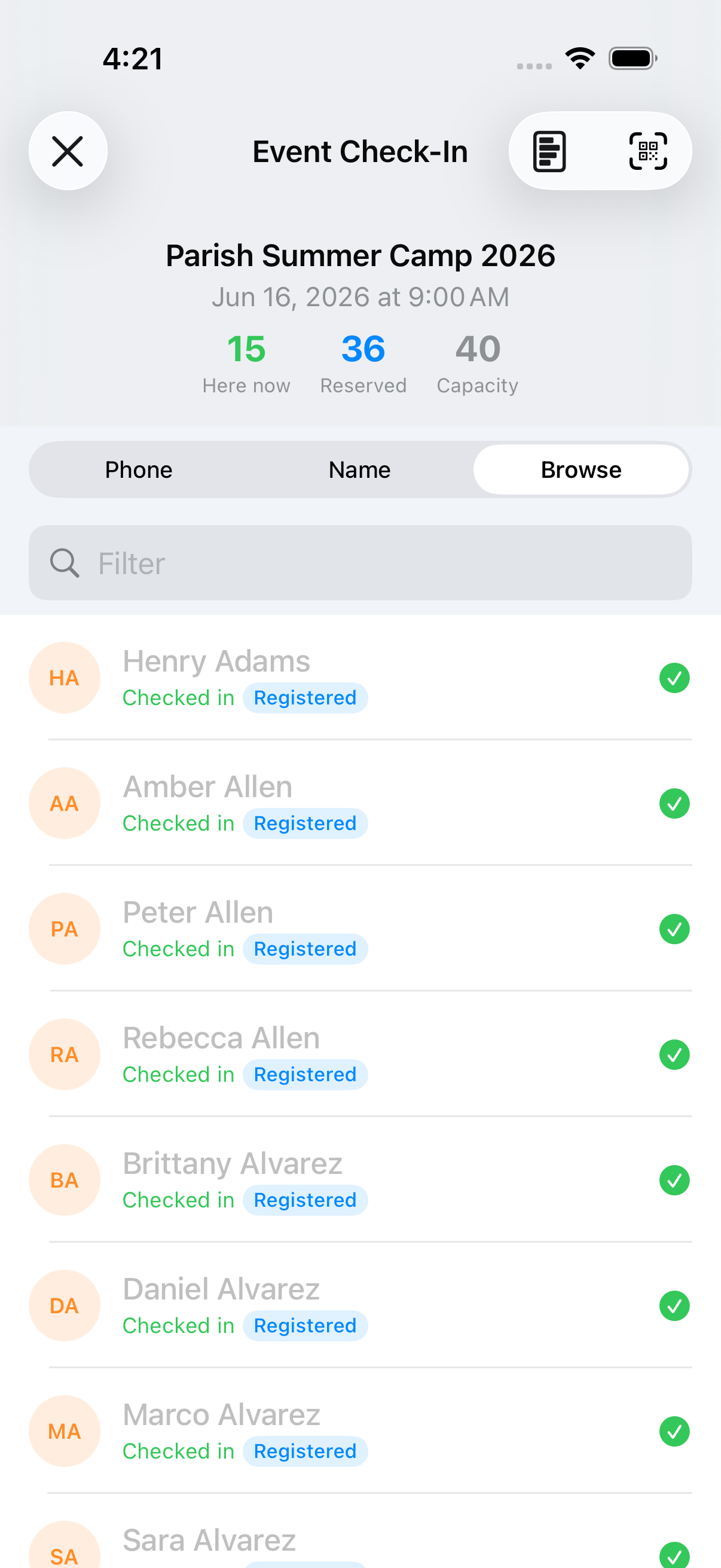 The same event check-in on iPhone: live counts and the roster in your pocket.