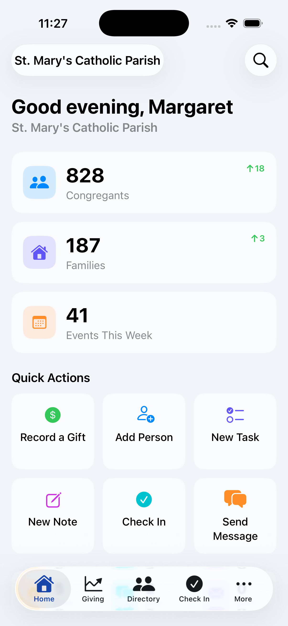 The staff home on iPhone: a greeting, the parish's key numbers, and a quick-actions grid.