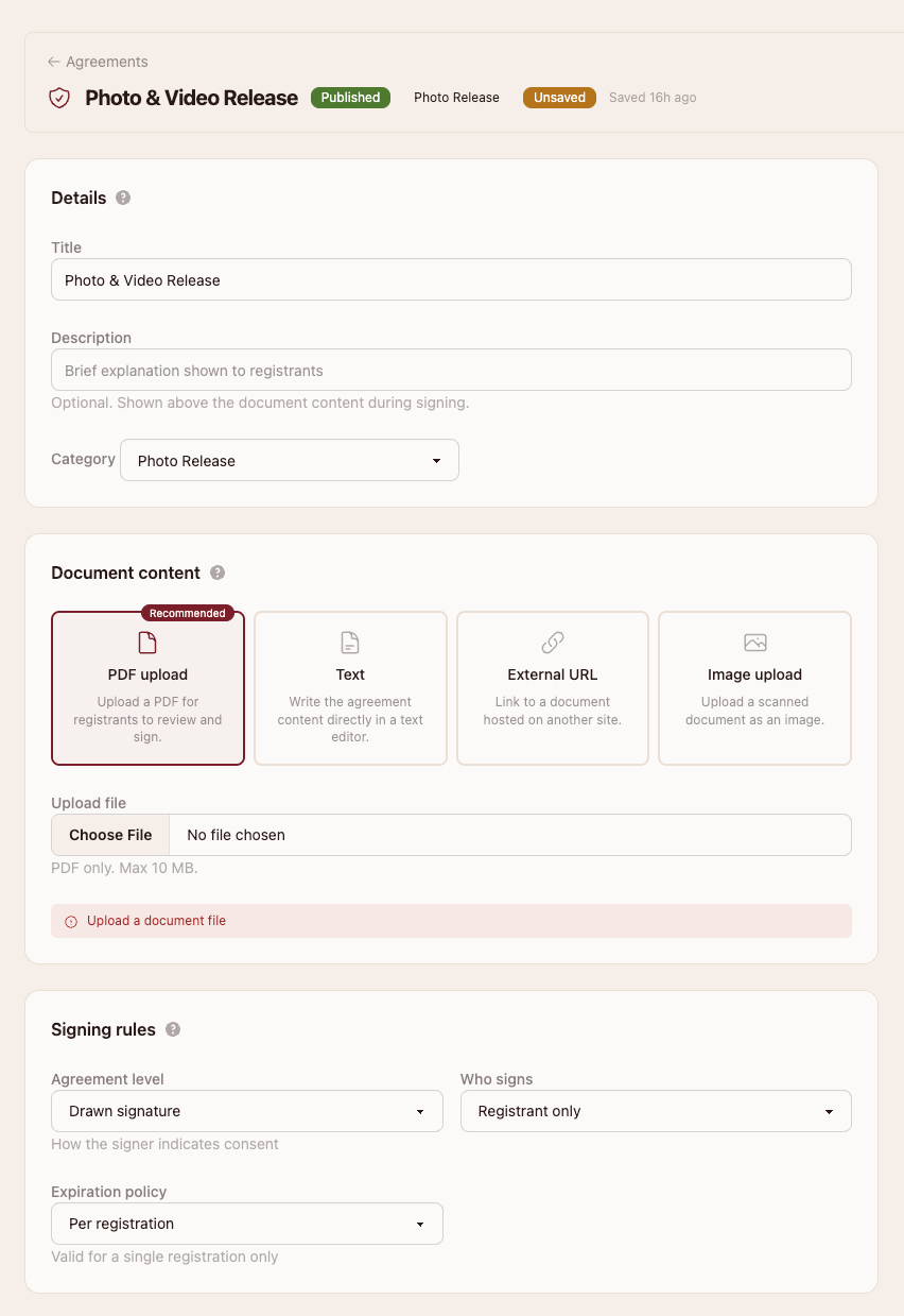The agreement builder editing a Photo & Video Release: document content options, signing rules with a drawn signature, who signs, and an expiration policy.