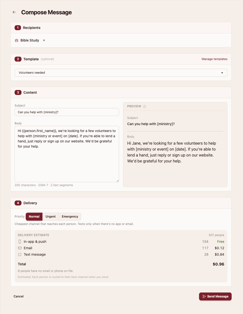 The audience-first broadcast composer: pick the recipients and a priority, write once with merge fields, and a delivery estimate routes each person to in-app, email, or text for the lowest cost, with the total shown before you send.