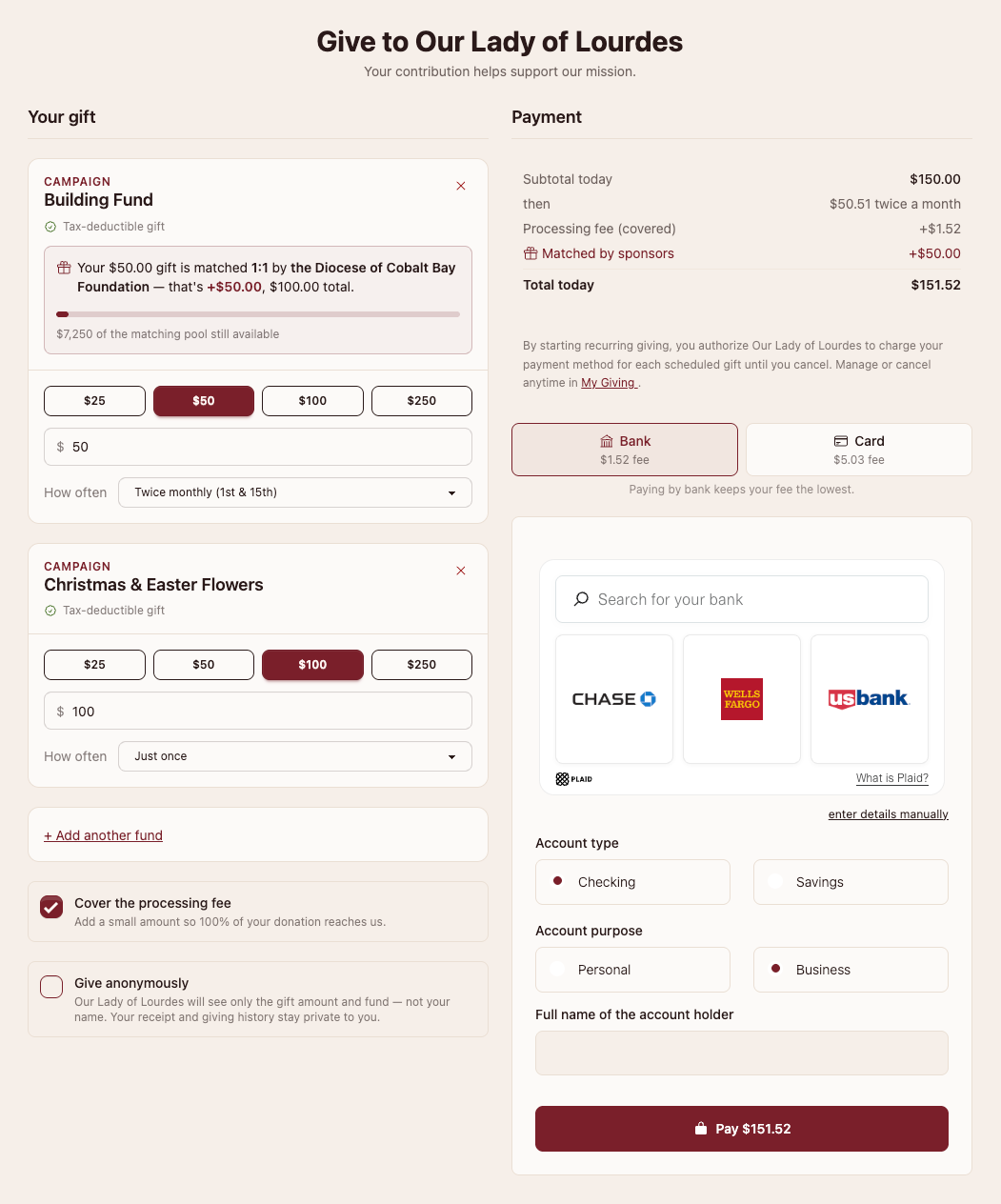A single OrgFire checkout cart holding a recurring twice-monthly gift to the Building Fund, matched 1:1 by the diocese, plus a one-time gift to the Christmas & Easter Flowers fund, with the option to cover the processing fee.