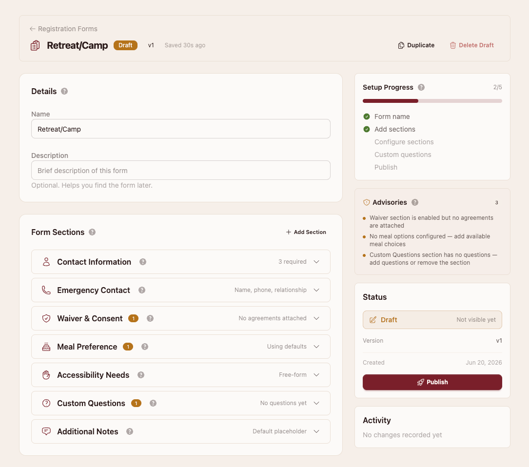 A reusable registration form builder with sections for contact info, emergency contact, waiver and consent, meal preference, accessibility, and custom questions, a setup-progress checklist, and live advisories flagging what's still incomplete.