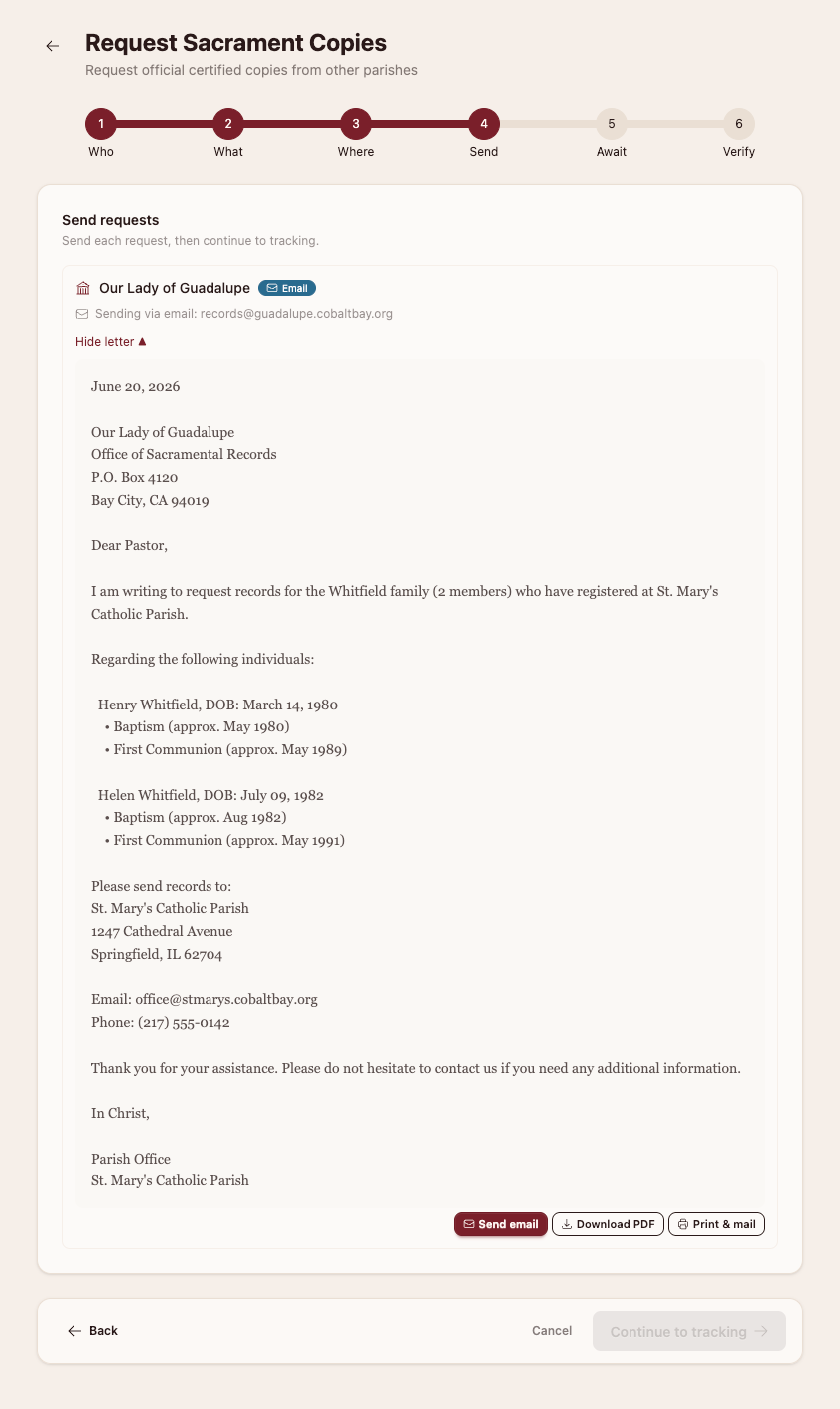 The Request Sacrament Copies wizard at the send step: an auto-drafted records-request letter to the holding parish's sacramental-records office, listing exactly the records needed for a family, ready to send by email, download as a PDF, or print and mail.